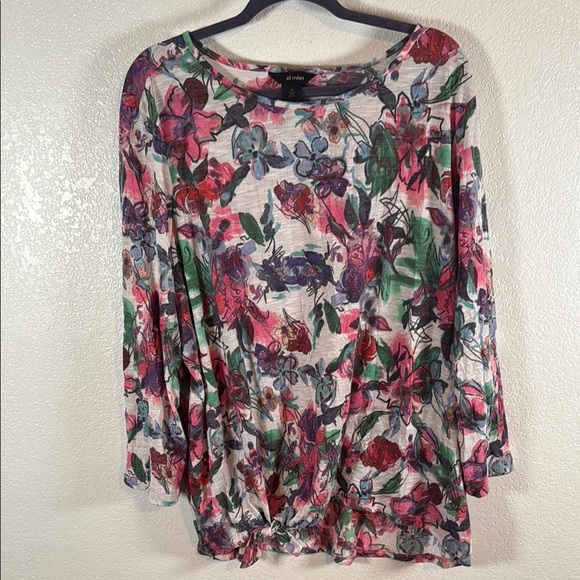 Ali Miles Multi Color Sketch Floral Side Tie 3/4 Sleeved Tee Size 2X - Picture 1 of 7